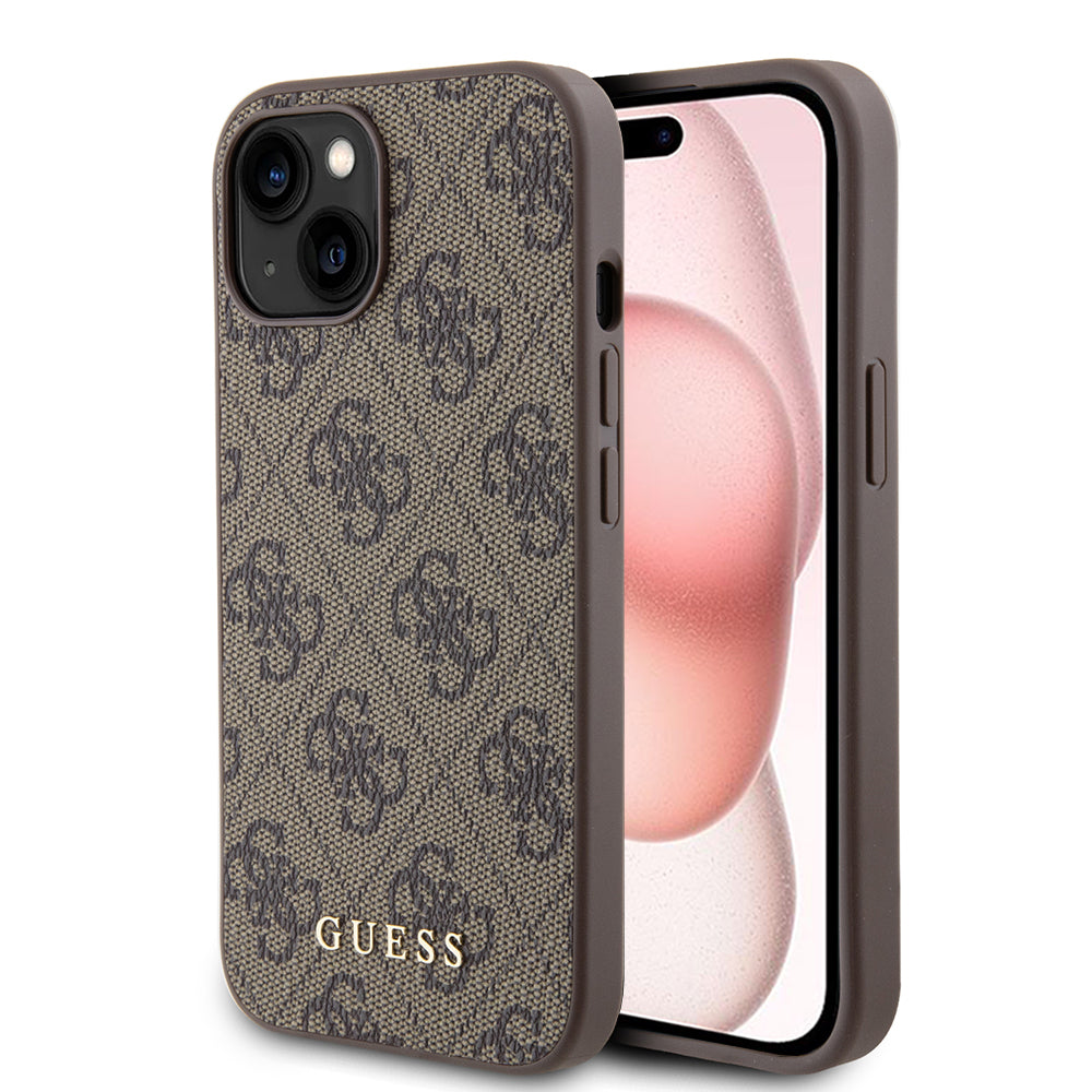 Custodia per Apple iPhone 15, Guess, 4G Metal Gold Logo, Marrone