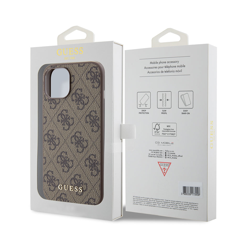 Custodia per Apple iPhone 15, Guess, 4G Metal Gold Logo, Marrone