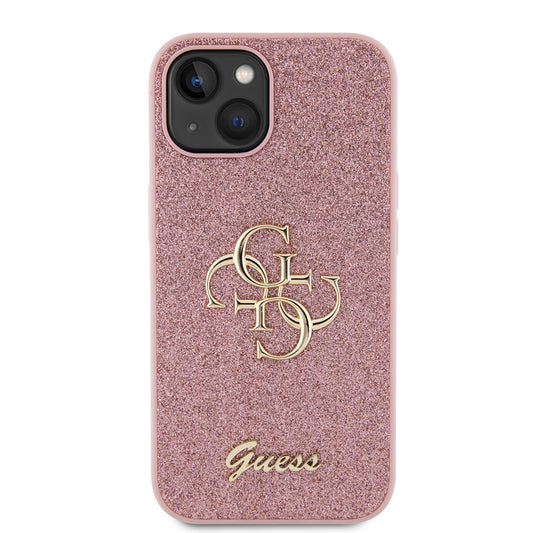Custodia per Apple iPhone 15, Guess, Glitter Big 4G Script, Rosa