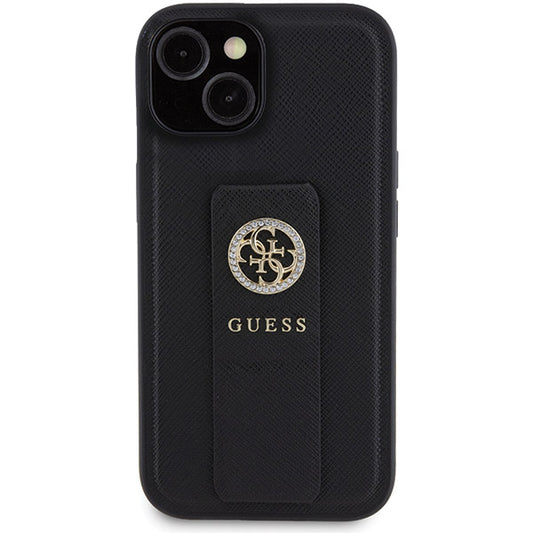 Custodia per Apple iPhone 15, Guess, Grip Stand 4G Saffiano Strass, Nera