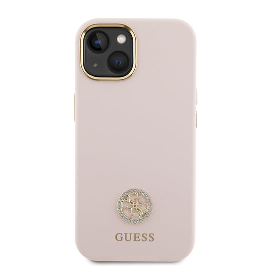 Custodia per Apple iPhone 15, Guess, Logo Strass 4G, Rosa Chiaro