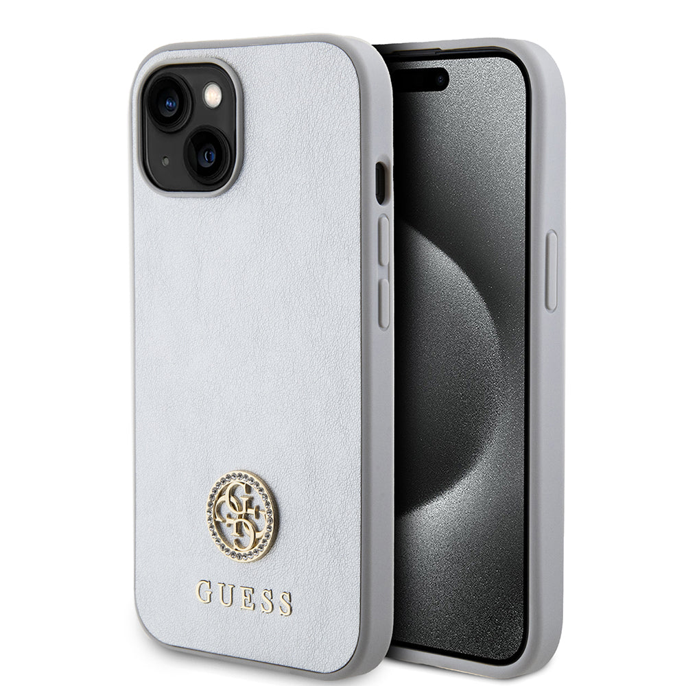Custodia per Apple iPhone 15, Guess, Strass Metal Logo, Argento