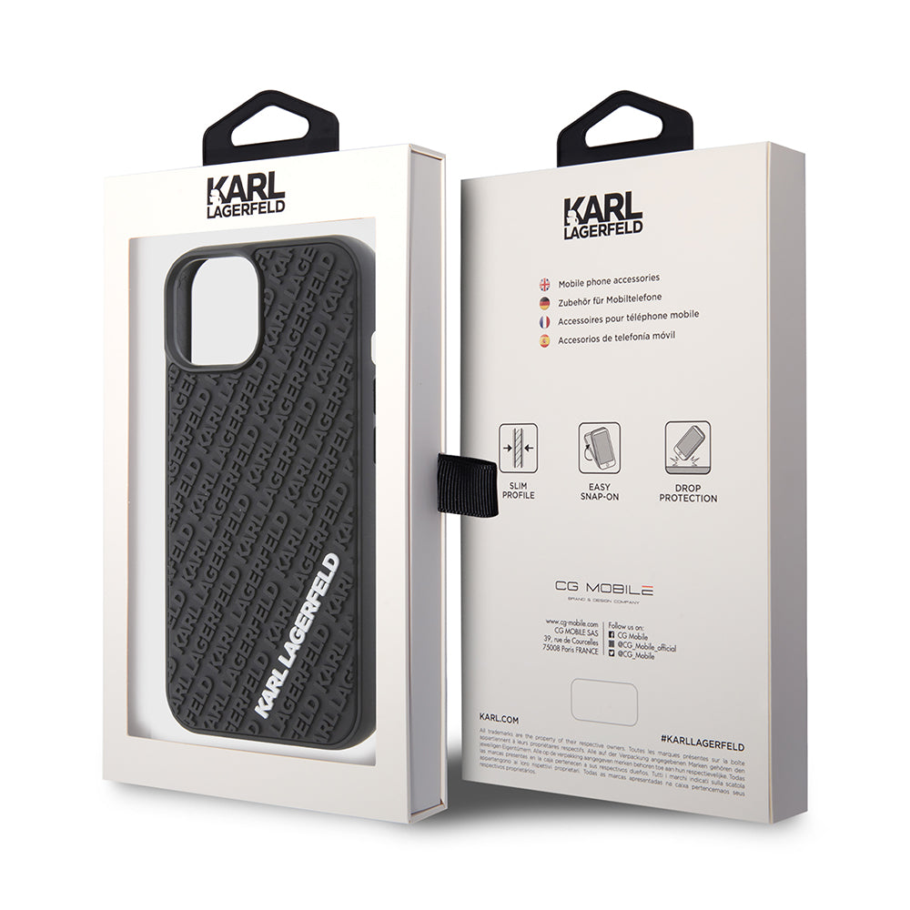 Custodia per Apple iPhone 15, Karl Lagerfeld, 3D Rubber Multi Logo, Nera