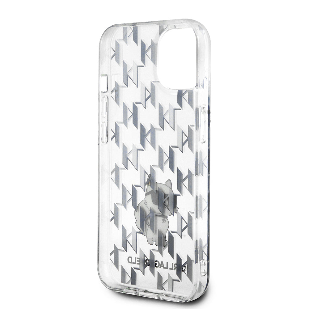 Custodia per Apple iPhone 15, Karl Lagerfeld, Monogram Choupette, Trasparente