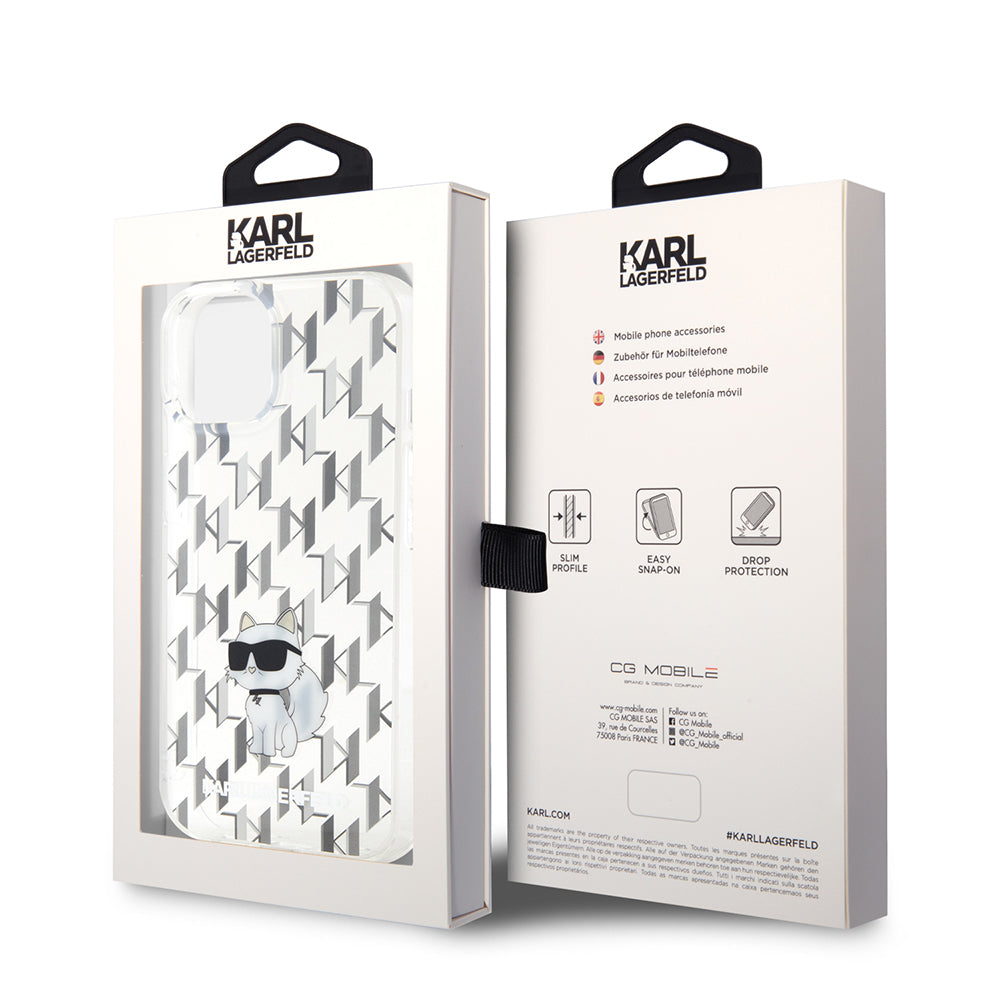 Custodia per Apple iPhone 15, Karl Lagerfeld, Monogram Choupette, Trasparente