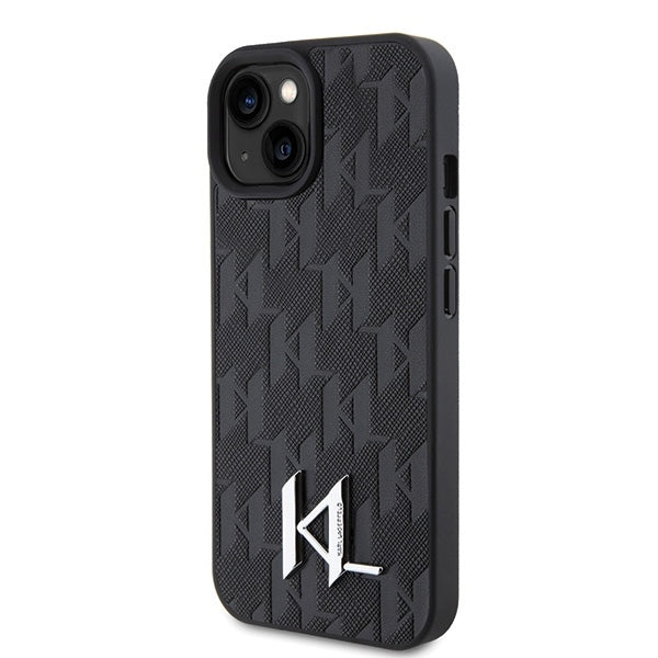 Custodia per Apple iPhone 15, Karl Lagerfeld, Monogram Hot Stamp Metal Logo, Nera