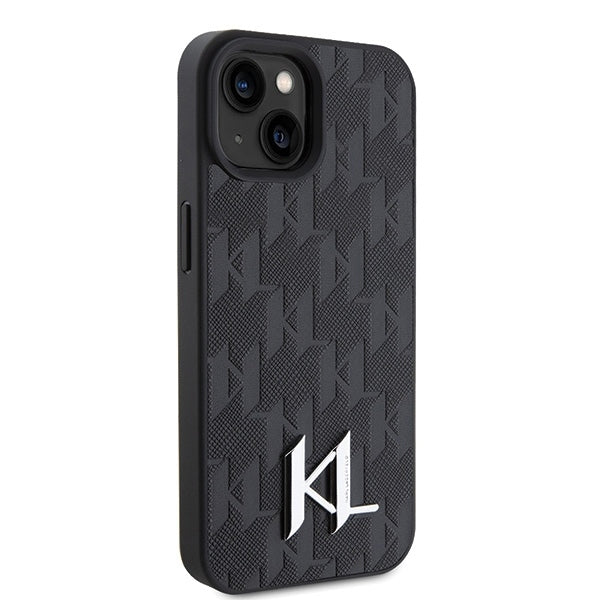 Custodia per Apple iPhone 15, Karl Lagerfeld, Monogram Hot Stamp Metal Logo, Nera