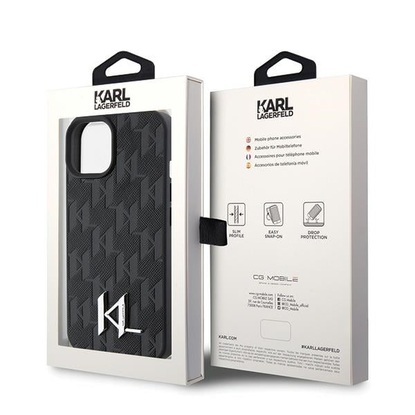 Custodia per Apple iPhone 15, Karl Lagerfeld, Monogram Hot Stamp Metal Logo, Nera