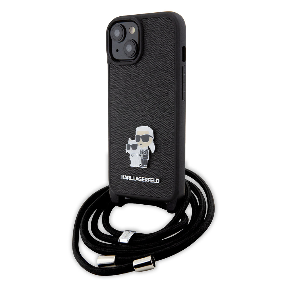 Case for Apple iPhone 15, Karl Lagerfeld, Saffiano Crossbody Metal Pin Karl & Choupette, Black