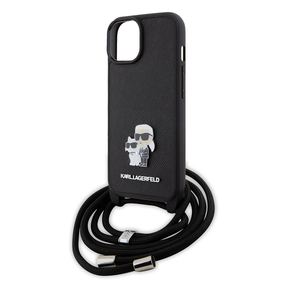 Case for Apple iPhone 15, Karl Lagerfeld, Saffiano Crossbody Metal Pin Karl & Choupette, Black