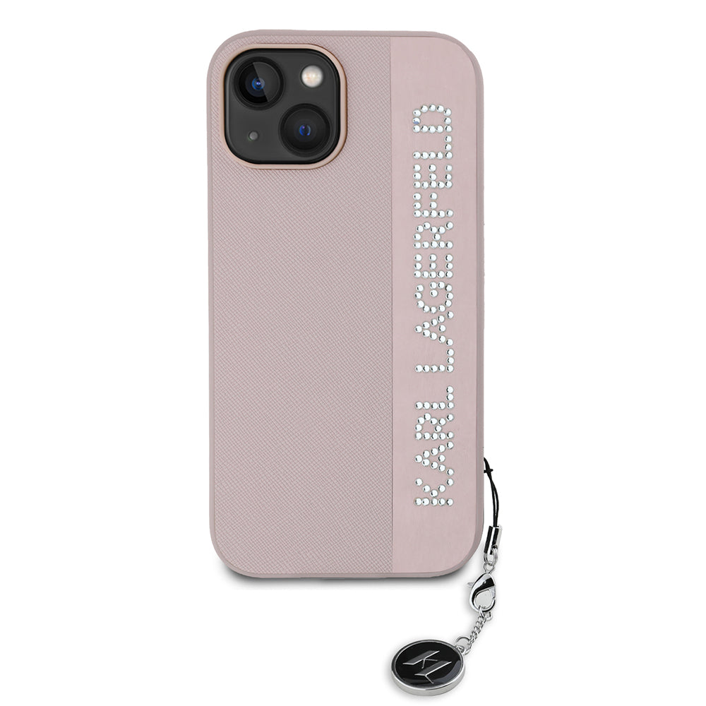 Custodia per Apple iPhone 15, Karl Lagerfeld, Saffiano Rhinestones & Charm, Rosa