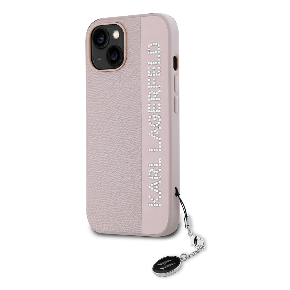 Custodia per Apple iPhone 15, Karl Lagerfeld, Saffiano Rhinestones & Charm, Rosa