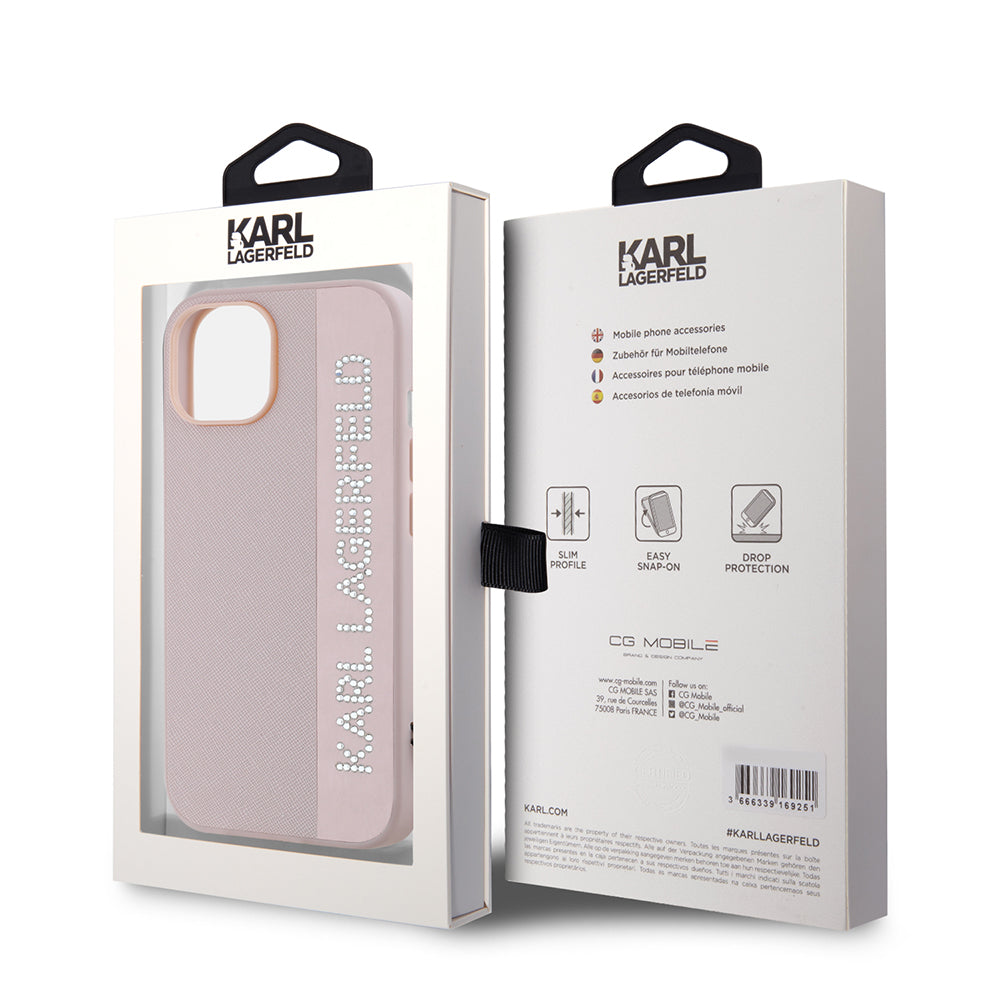 Custodia per Apple iPhone 15, Karl Lagerfeld, Saffiano Rhinestones & Charm, Rosa