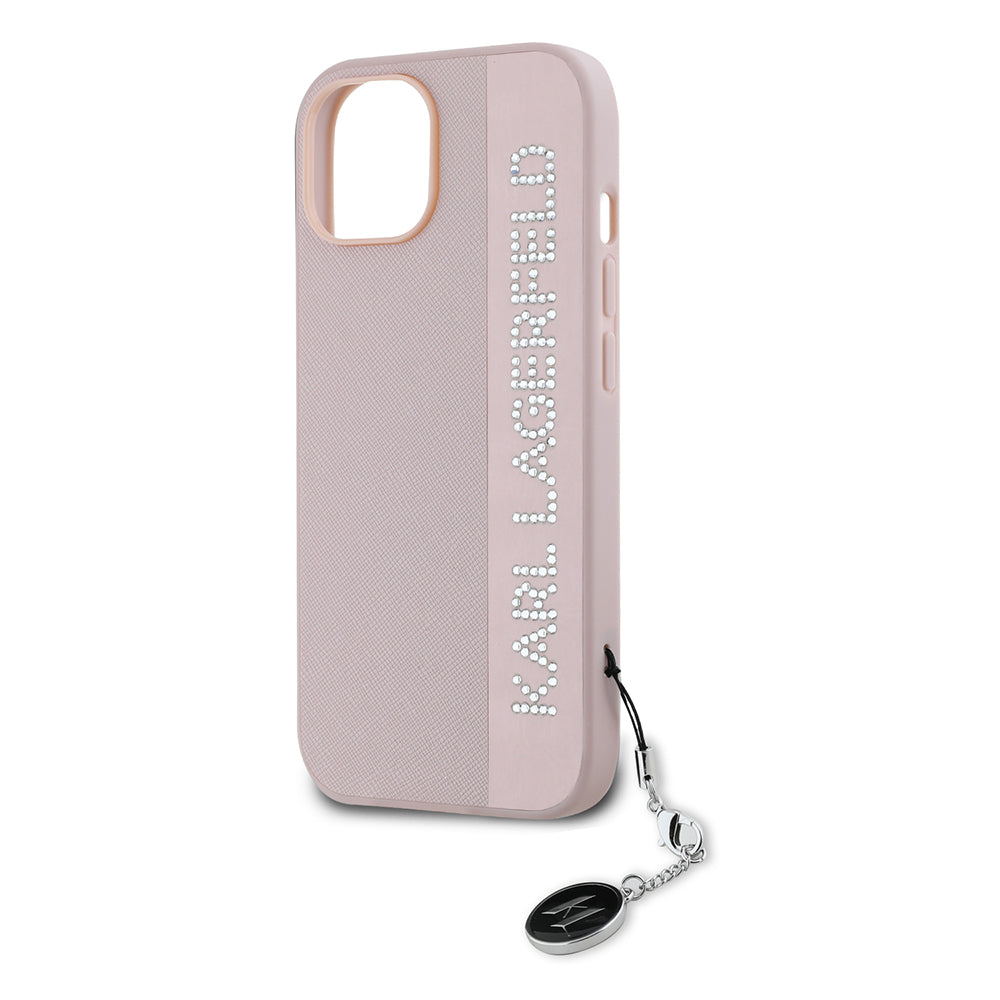 Custodia per Apple iPhone 15, Karl Lagerfeld, Saffiano Rhinestones & Charm, Rosa