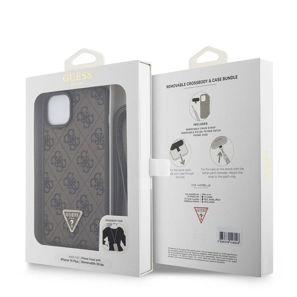 Custodia per Apple iPhone 15 Plus, Guess, Crossbody 4G Metal Logo, Marrone