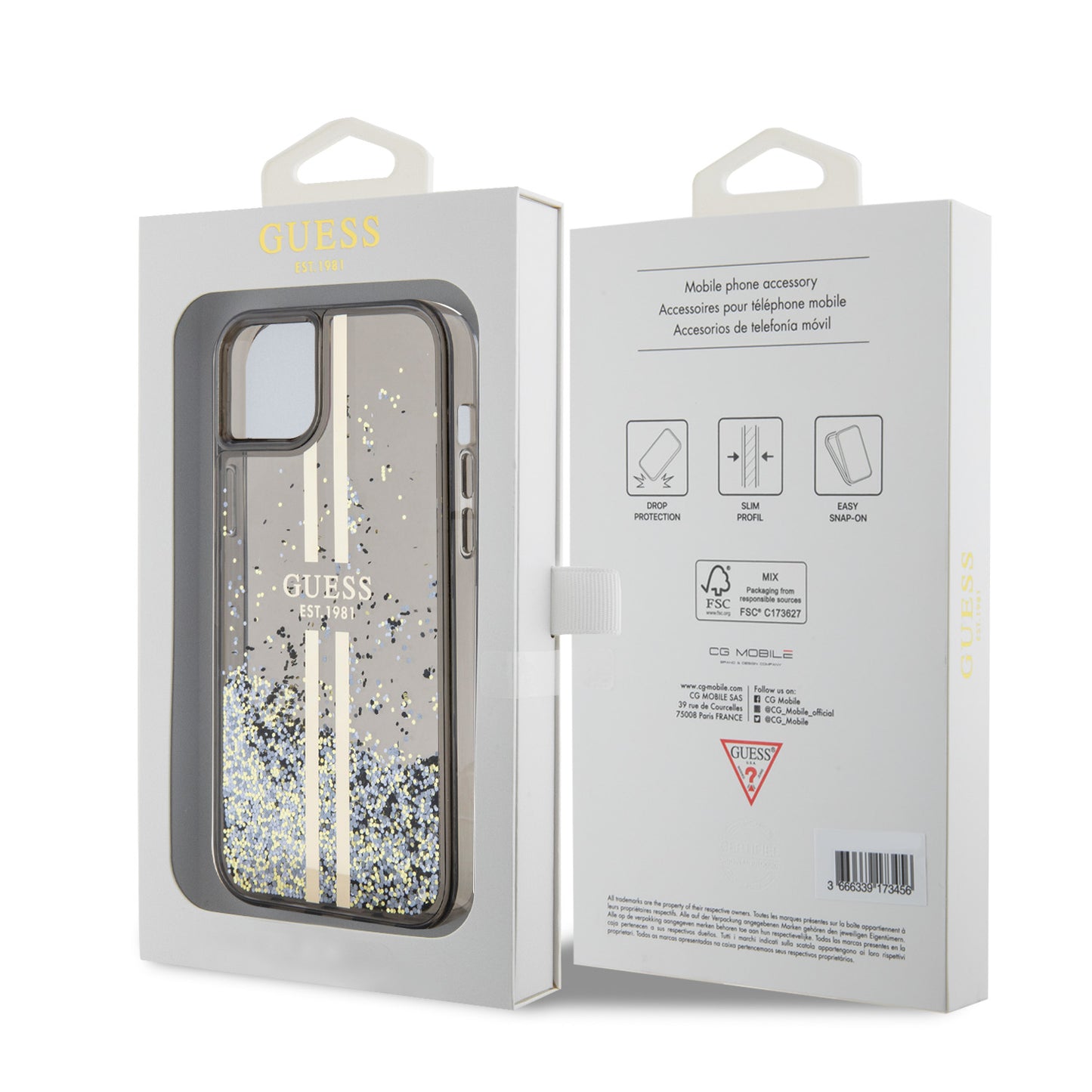 Custodia per Apple iPhone 15 Plus, Guess, Liquid Glitter Gold Stripes, Nera