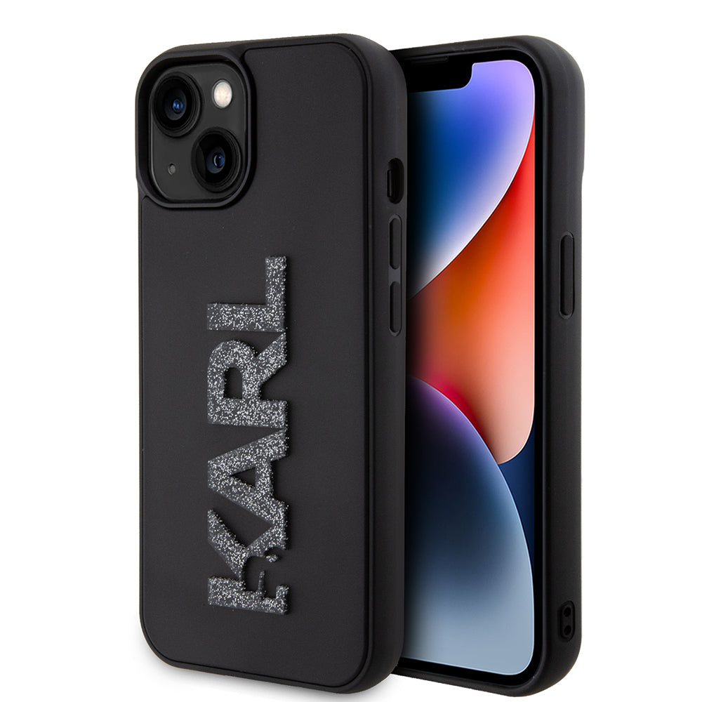 Custodia per Apple iPhone 15 Plus, Karl Lagerfeld, Logo Glitter in Gomma 3D, Nera