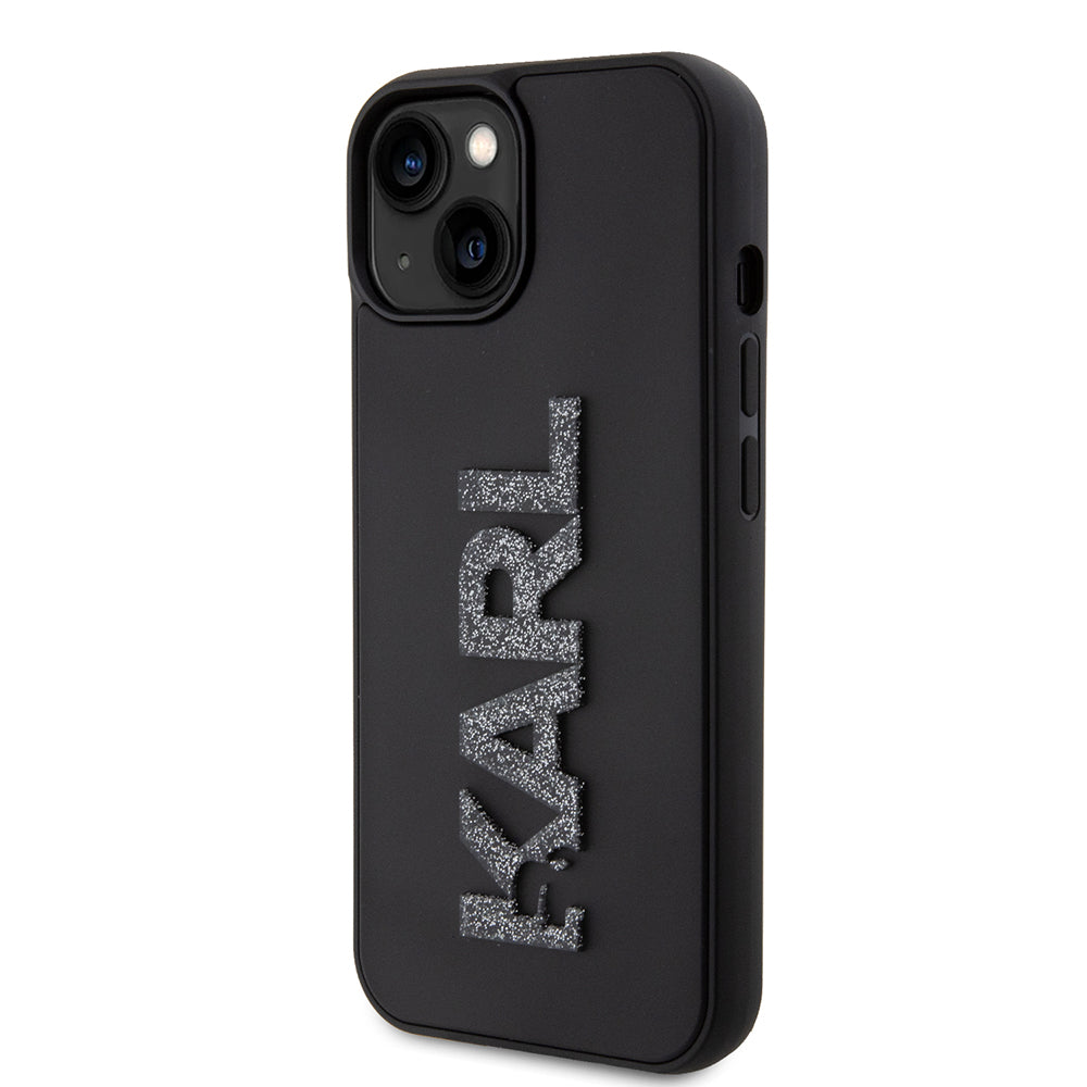Custodia per Apple iPhone 15 Plus, Karl Lagerfeld, Logo Glitter in Gomma 3D, Nera