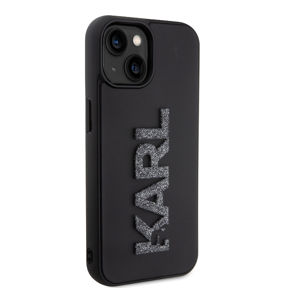 Custodia per Apple iPhone 15 Plus, Karl Lagerfeld, Logo Glitter in Gomma 3D, Nera