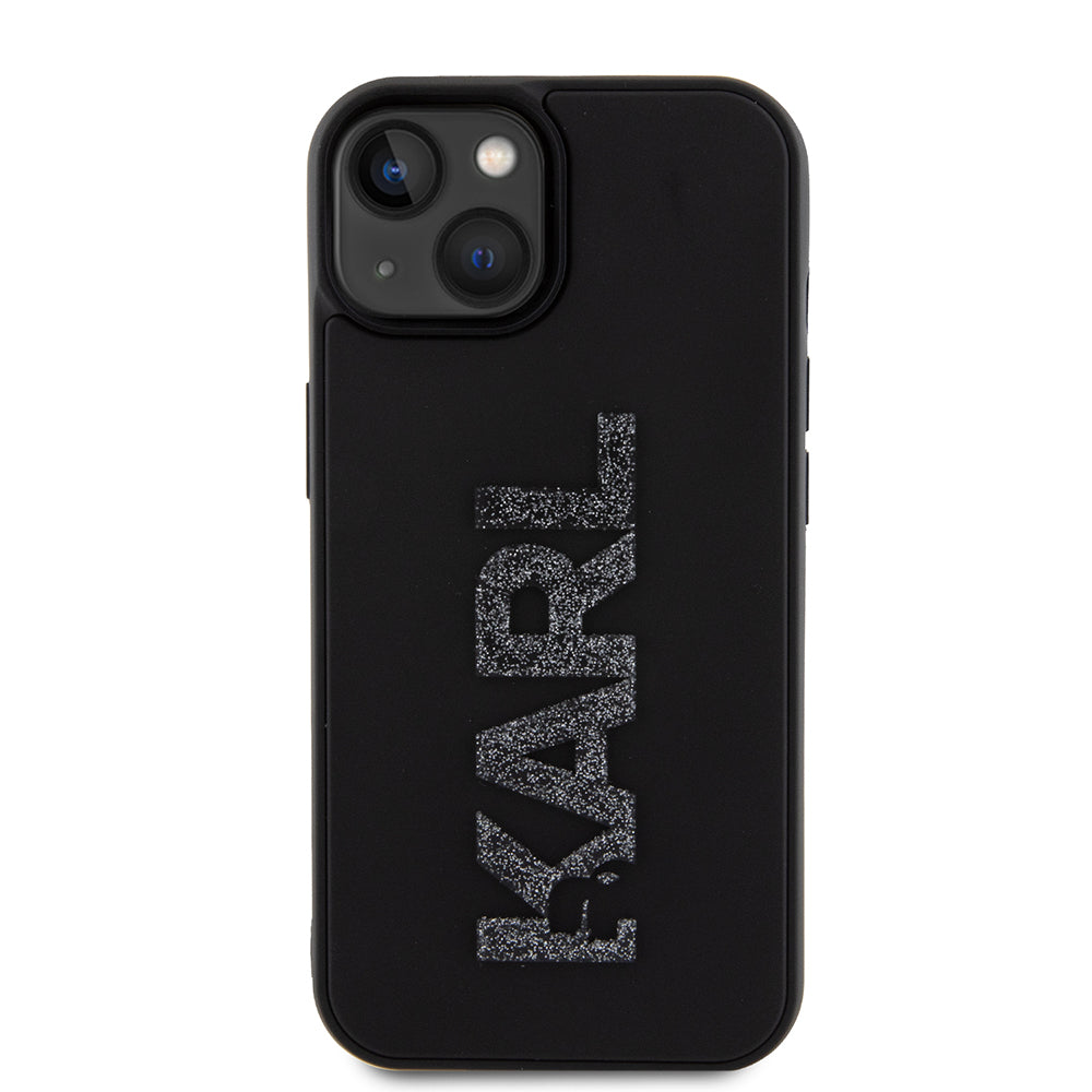 Custodia per Apple iPhone 15 Plus, Karl Lagerfeld, Logo Glitter in Gomma 3D, Nera
