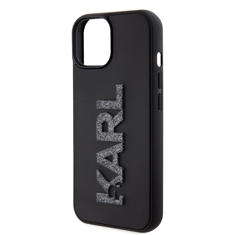 Custodia per Apple iPhone 15 Plus, Karl Lagerfeld, Logo Glitter in Gomma 3D, Nera