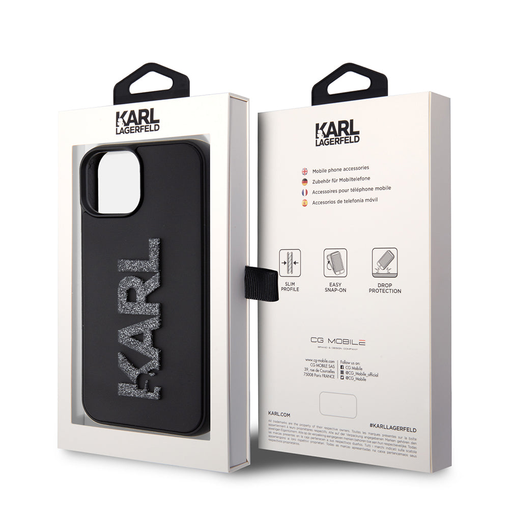 Custodia per Apple iPhone 15 Plus, Karl Lagerfeld, Logo Glitter in Gomma 3D, Nera