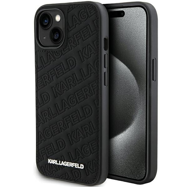Custodia per Apple iPhone 15 Plus, Karl Lagerfeld, motivo trapuntato diagonale K, nera.