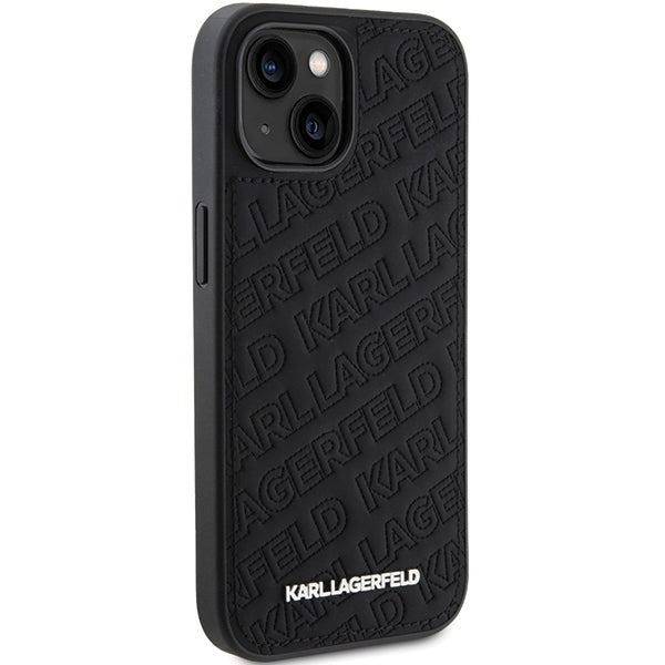 Custodia per Apple iPhone 15 Plus, Karl Lagerfeld, motivo trapuntato diagonale K, nera.