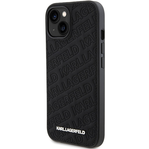 Custodia per Apple iPhone 15 Plus, Karl Lagerfeld, motivo trapuntato diagonale K, nera.