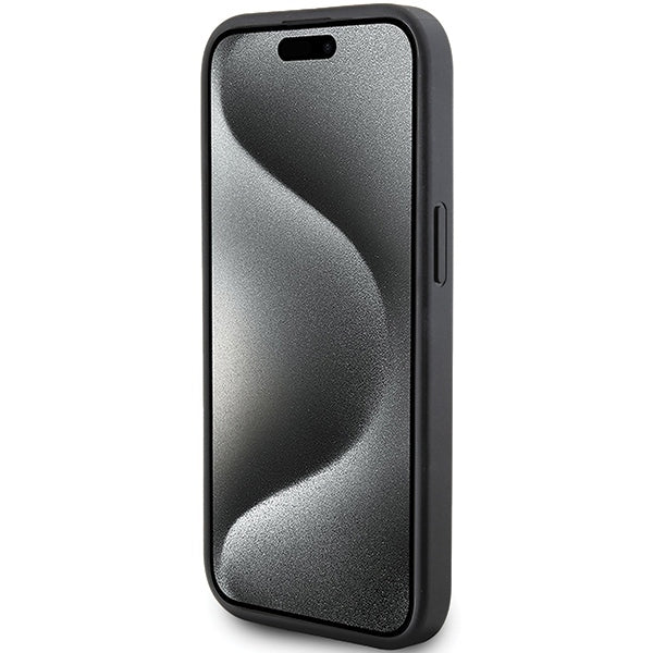 Custodia per Apple iPhone 15 Plus, Karl Lagerfeld, motivo trapuntato diagonale K, nera.