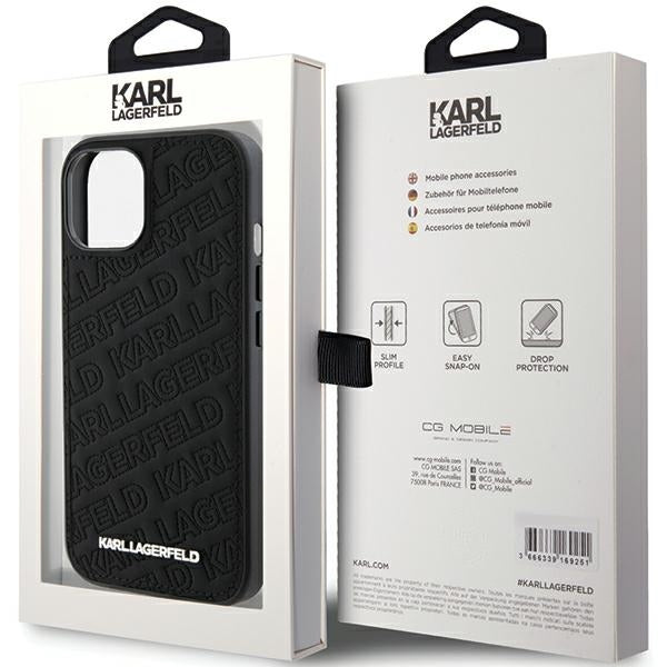 Custodia per Apple iPhone 15 Plus, Karl Lagerfeld, motivo trapuntato diagonale K, nera.