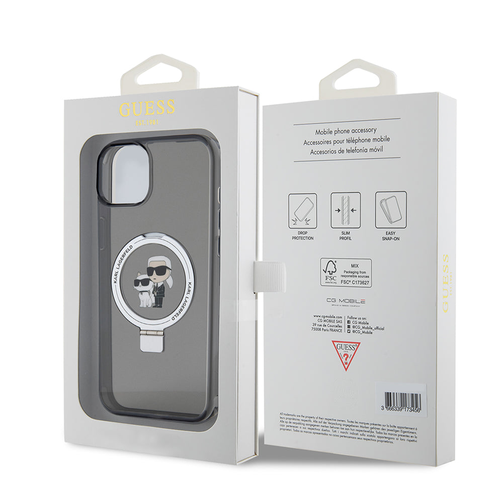 Custodia per Apple iPhone 15 Plus, Karl Lagerfeld, Ringstand Karl & Choupette, Nera