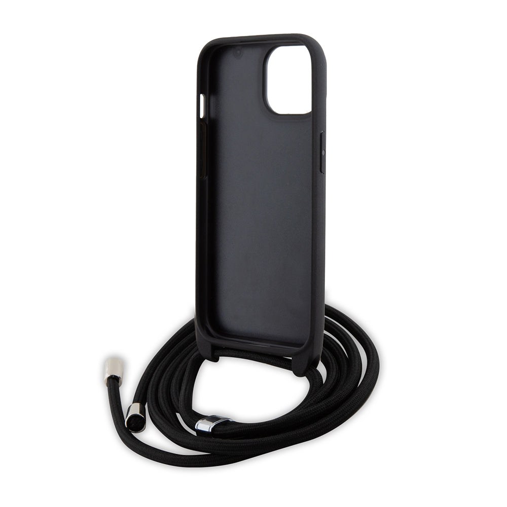 Custodia per Apple iPhone 15 Plus, Karl Lagerfeld, Saffiano Crossbody Metal Pin Karl & Choupette, Nera