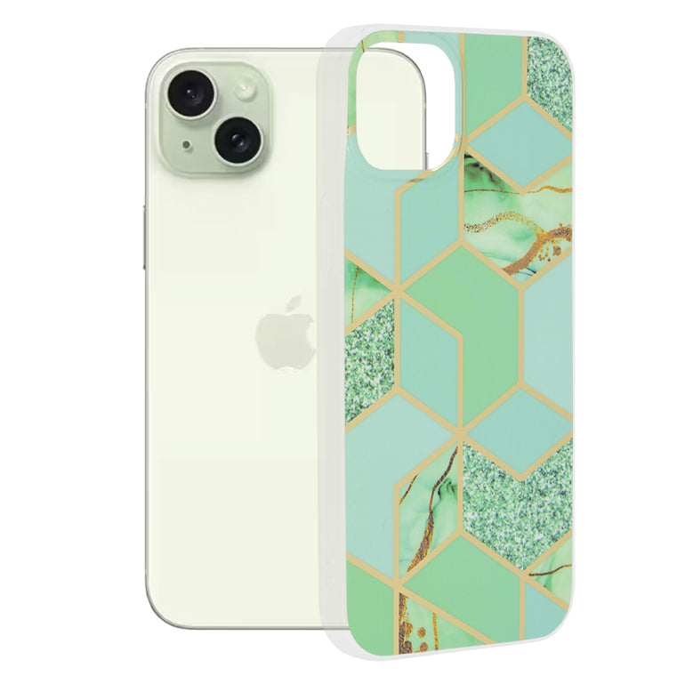 Custodia per Apple iPhone 15 Plus, Techsuit, Marble, Verde
