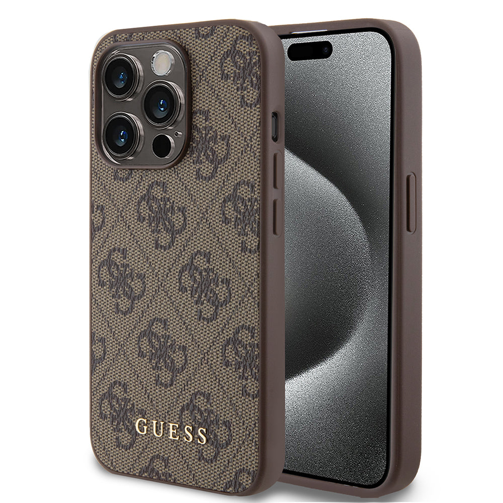 Custodia per Apple iPhone 15 Pro, Guess, 4G Metal Gold Logo, Marrone