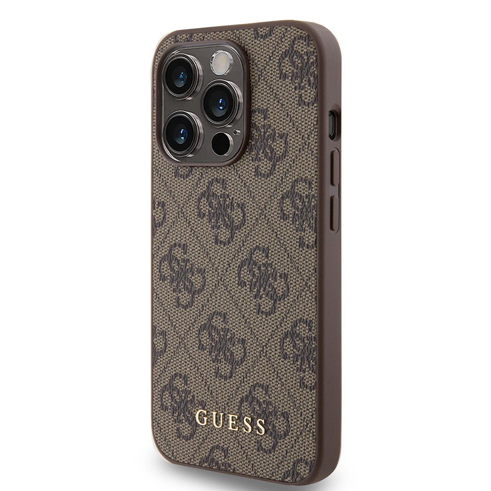 Custodia per Apple iPhone 15 Pro, Guess, 4G Metal Gold Logo, Marrone