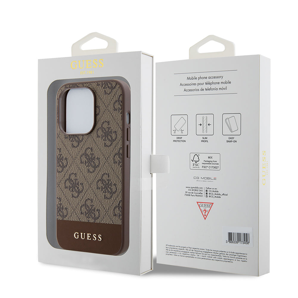 Custodia per Apple iPhone 15 Pro, Guess, 4G Stripe, Marrone