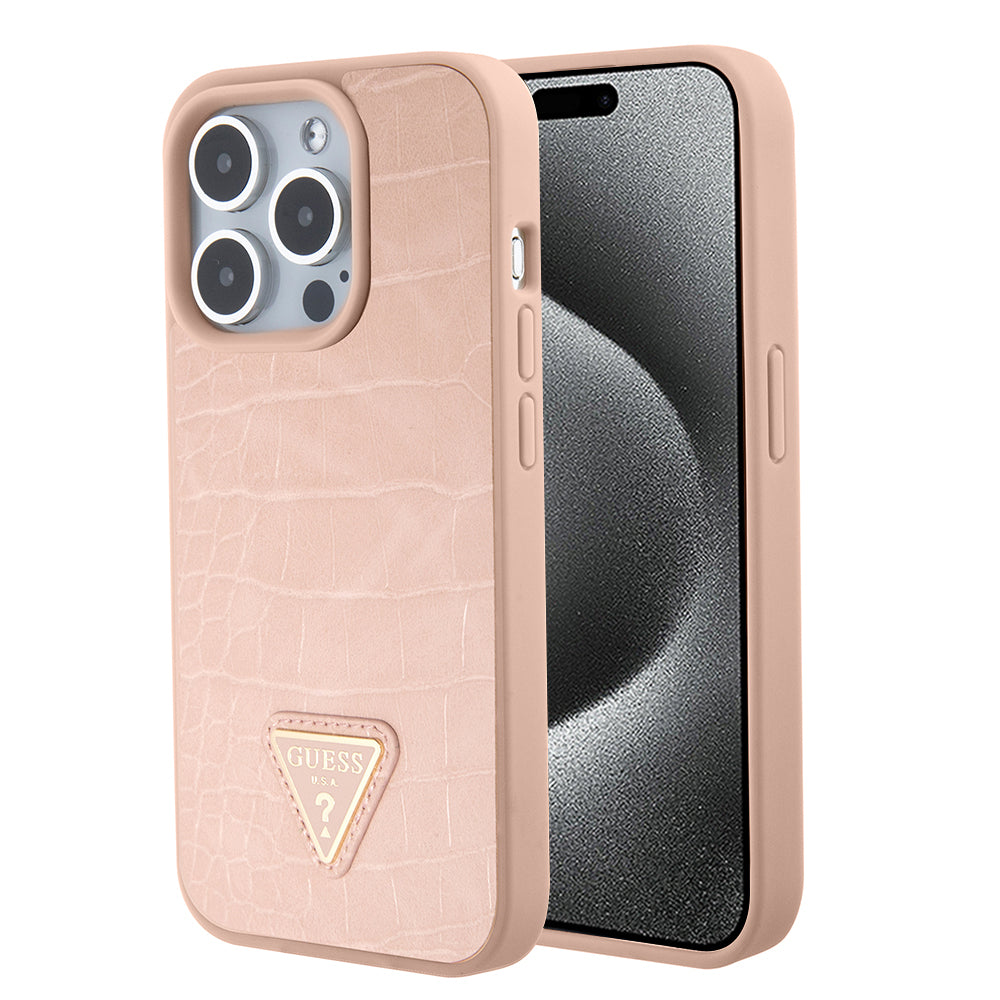 Custodia per Apple iPhone 15 Pro, Guess, Croco Triangle Metal Logo, Rosa
