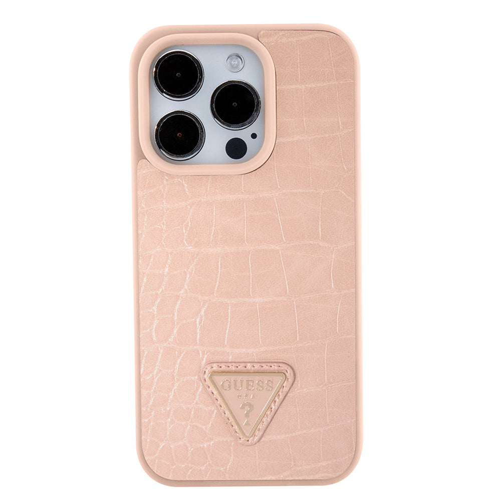 Custodia per Apple iPhone 15 Pro, Guess, Croco Triangle Metal Logo, Rosa