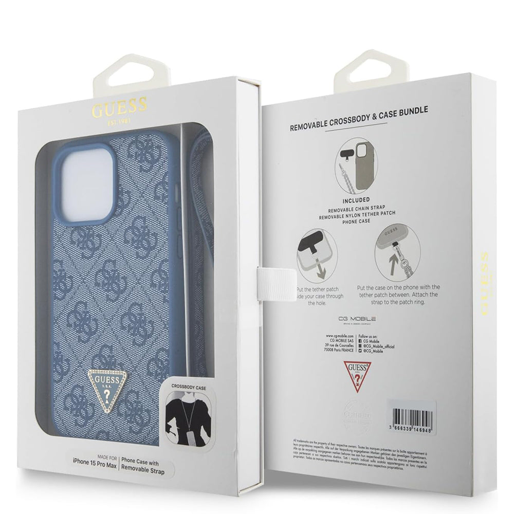 Custodia per Apple iPhone 15 Pro, Guess, Crossbody 4G Metal Logo, Blu