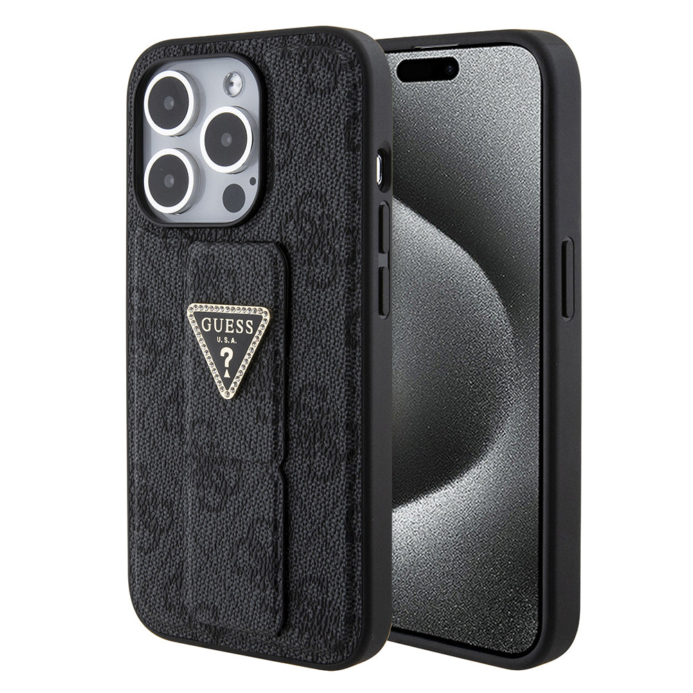 Custodia per Apple iPhone 15 Pro, Guess, Grip Stand 4G Triangle Strass, Nera
