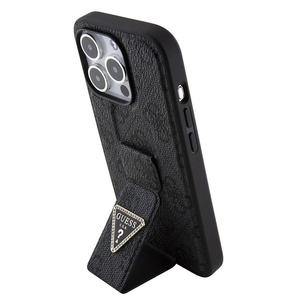 Custodia per Apple iPhone 15 Pro, Guess, Grip Stand 4G Triangle Strass, Nera
