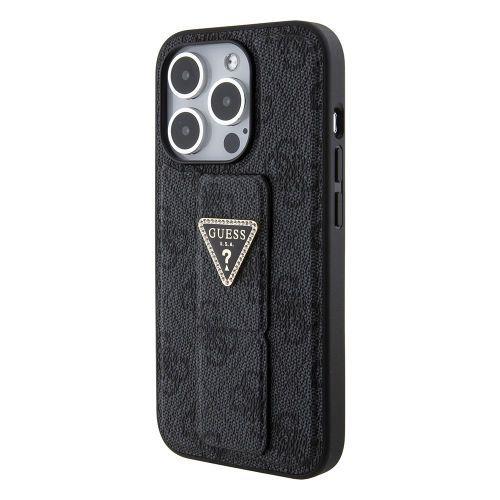 Custodia per Apple iPhone 15 Pro, Guess, Grip Stand 4G Triangle Strass, Nera