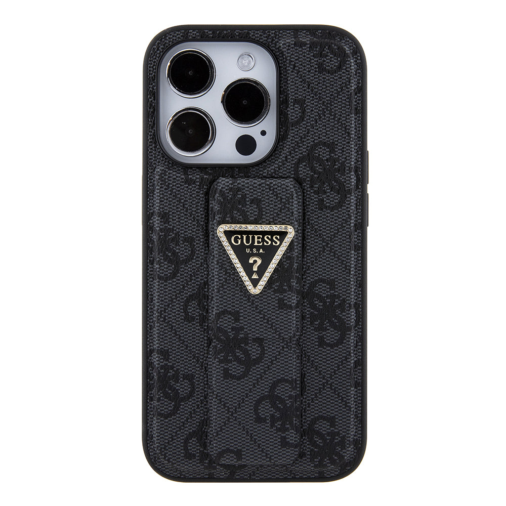 Custodia per Apple iPhone 15 Pro, Guess, Grip Stand 4G Triangle Strass, Nera