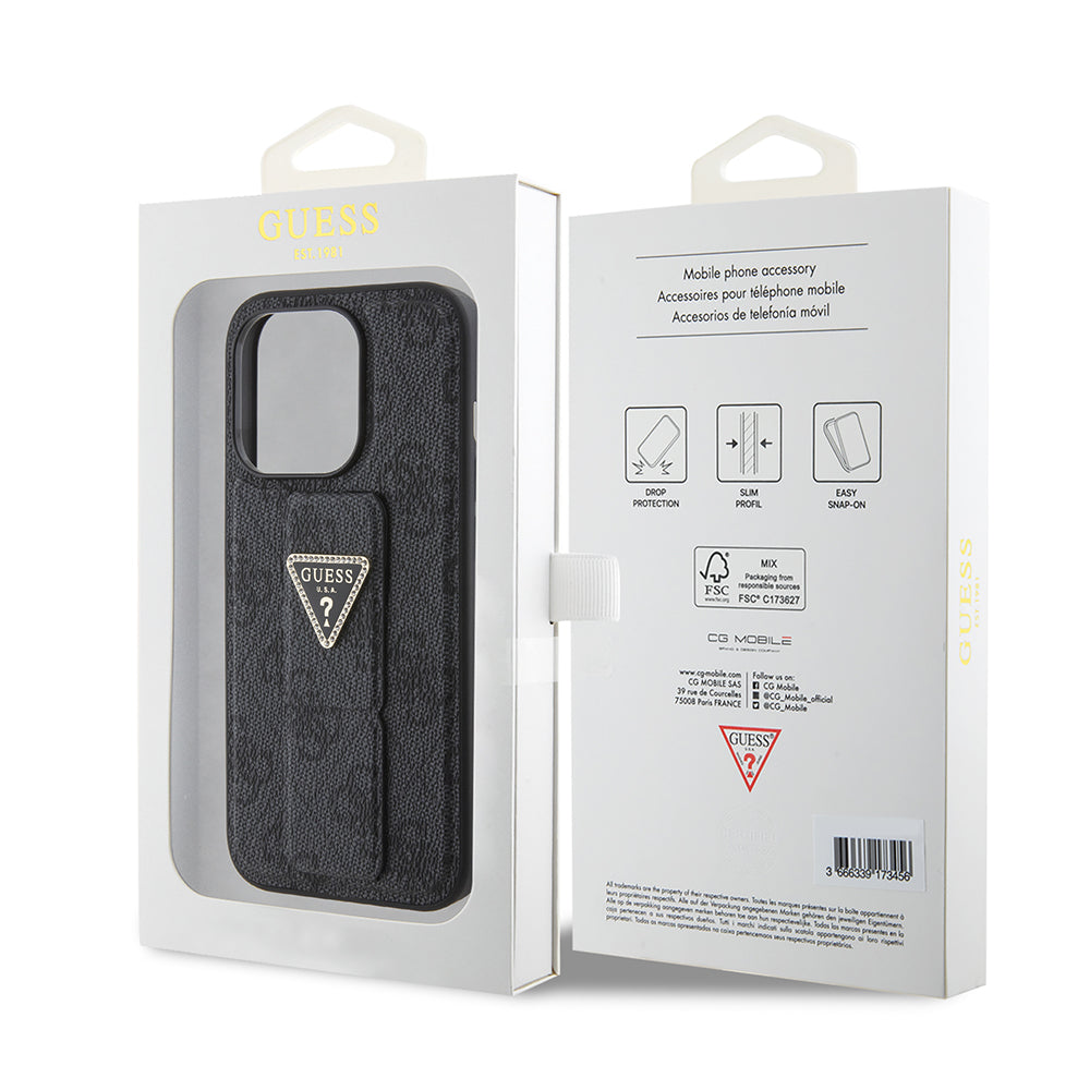 Custodia per Apple iPhone 15 Pro, Guess, Grip Stand 4G Triangle Strass, Nera
