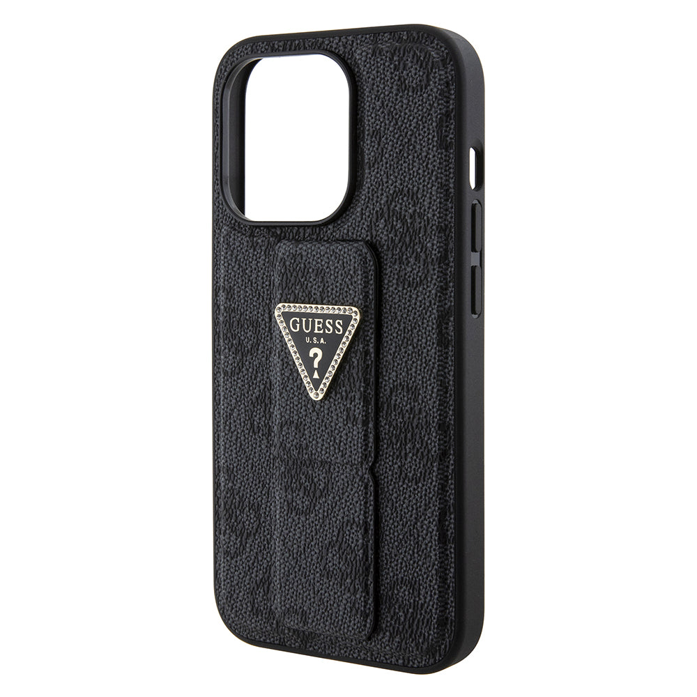 Custodia per Apple iPhone 15 Pro, Guess, Grip Stand 4G Triangle Strass, Nera