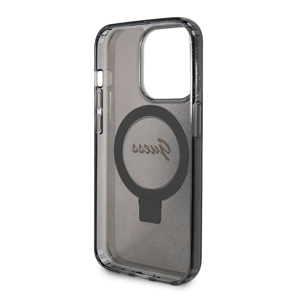 Custodia MagSafe per Apple iPhone 15 Pro, Guess, IML Ring Stand Glitter, Nera