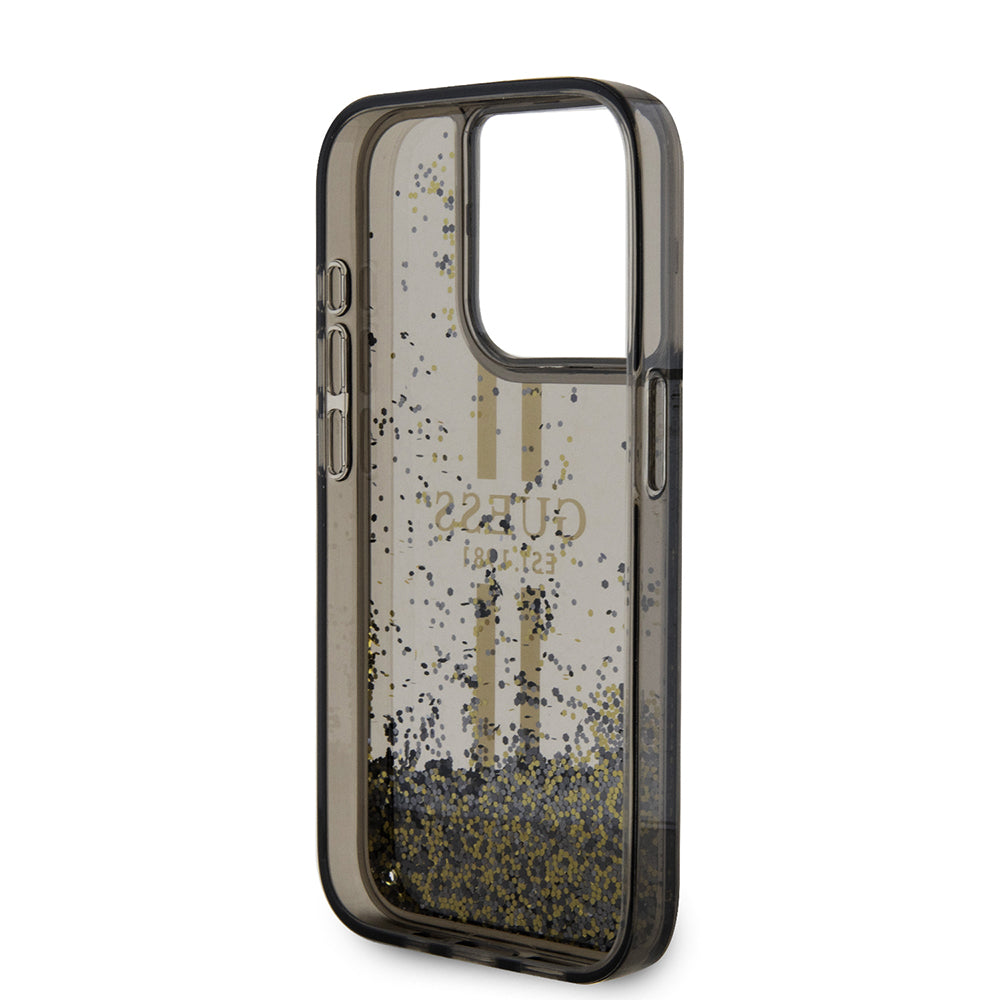 Custodia per Apple iPhone 15 Pro, Guess, Liquid Glitter Gold Stripe, Nera