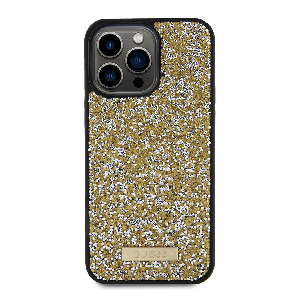 Custodia per Apple iPhone 15 Pro, Guess, Rhinestone Metal Logo, Gialla