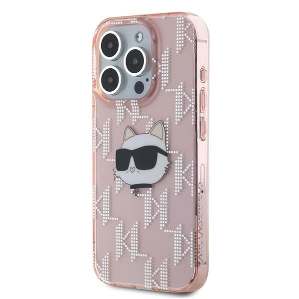 Custodia per Apple iPhone 15 Pro, Karl Lagerfeld, IML Luxury Monogram Choupette's Head, Rosa